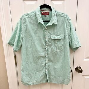 Mens Simms green and white stripped short sleeve button up shirt size large